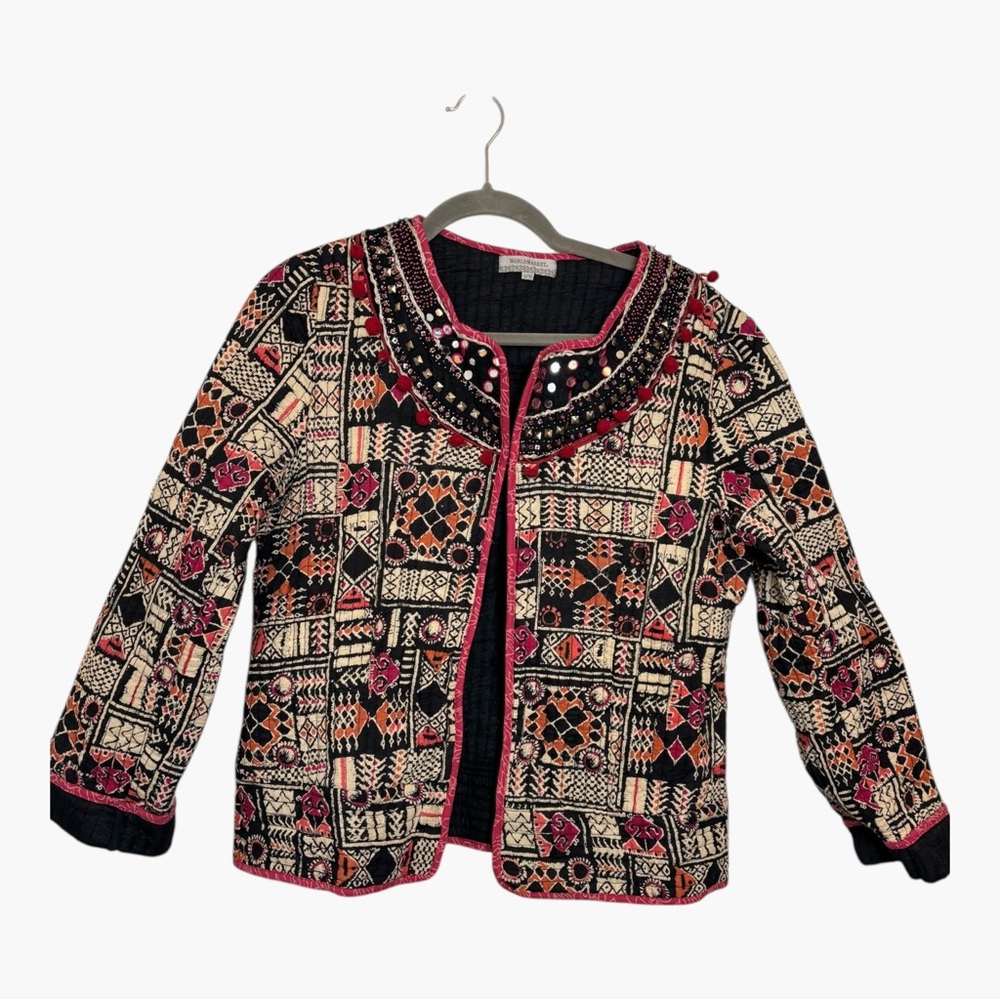 World Market Quilted Boho Western Jacket Pink Black Embellished Small/Medium